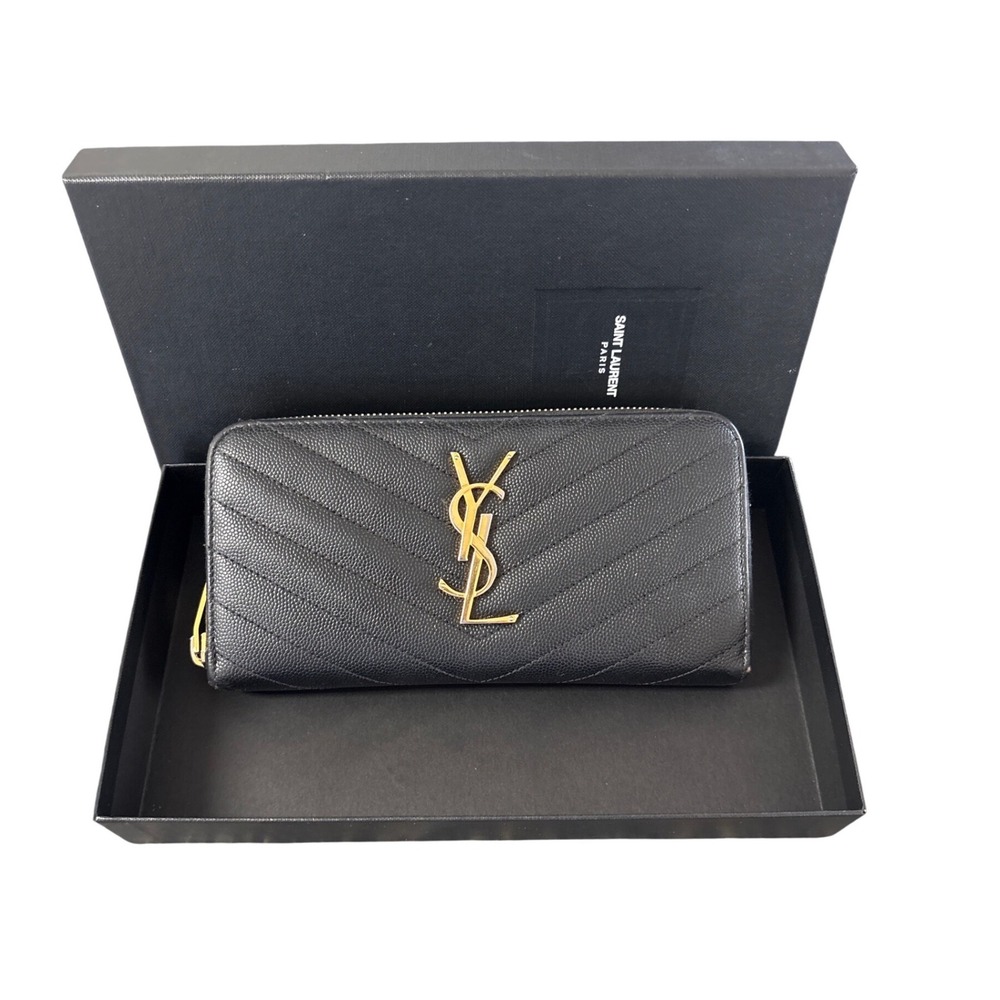 Saint Laurent YSL Monogram Matelasse Zip Around Wallet Black Gold Grain Leather